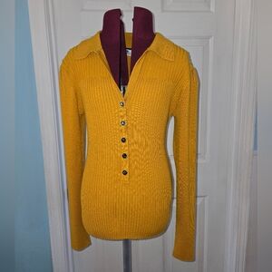 Karl Lagerfeld Yellow Button-Up Ribbed Collar Women's Sweater